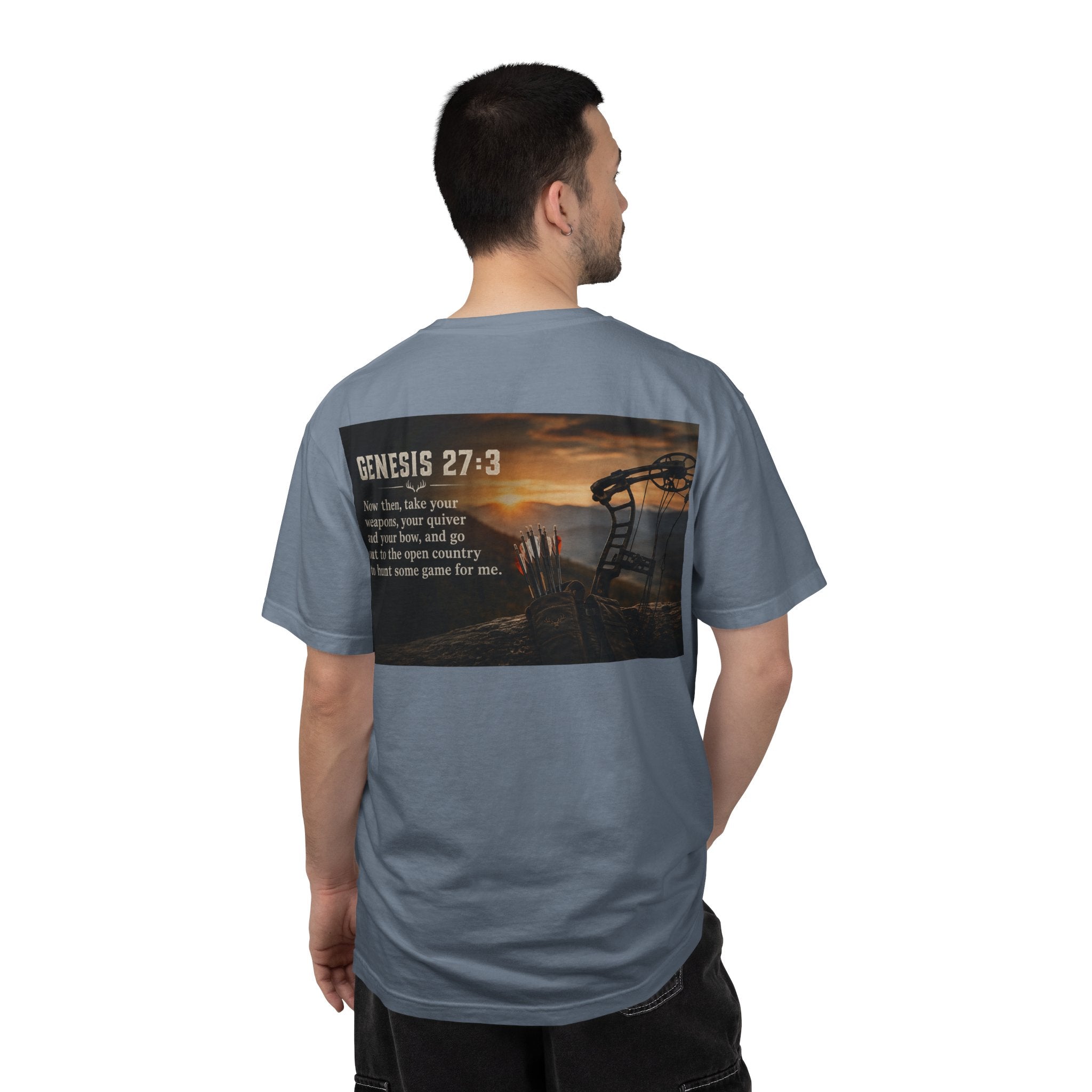Genesis 27:3 Hunting T-Shirt — "Take Your Weapons" Faith & Outdoors Tee