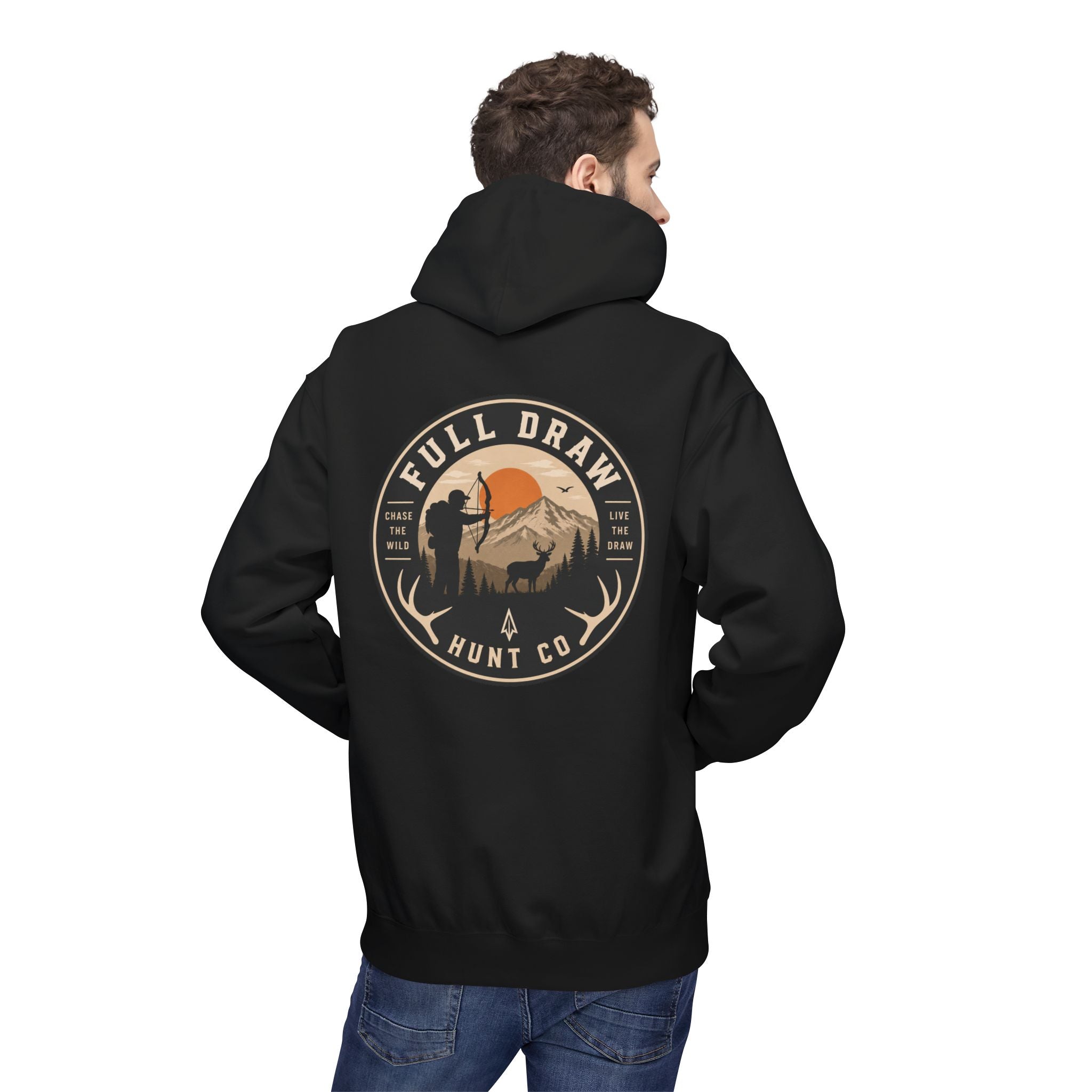 Full Draw Hunt Co. Hoodie — Retro Mountain Deer Hunting Pullover