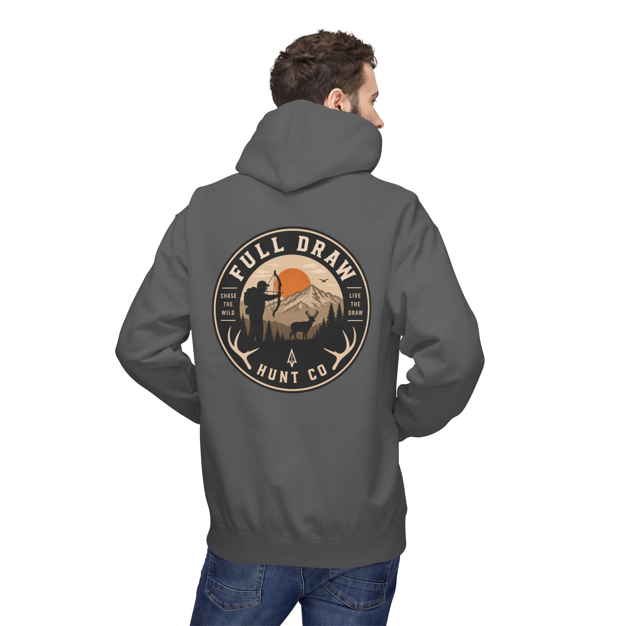 Full Draw Hunt Co. Hoodie — Retro Mountain Deer Hunting Pullover